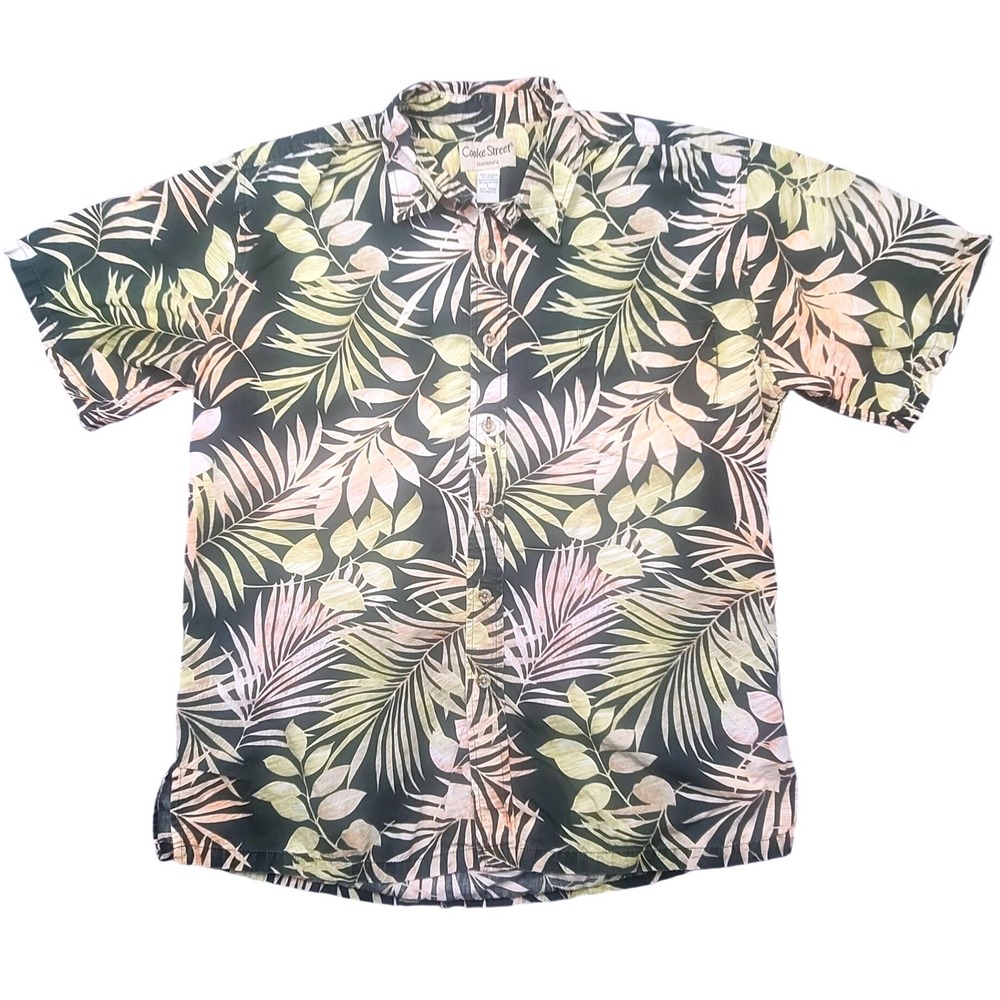 Cooke Street Honolulu Mens L Tropical Palm Leaf Cotton Hawaiian Black Shirt